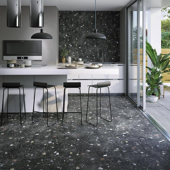 Carrelage imitation terrazzo et granito Noir 64 5 x 64 5 cm Lunar