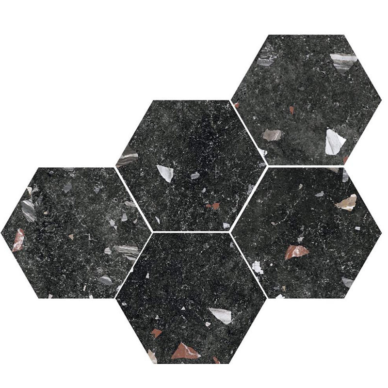 Carrelage imitation terrazzo et granito hexagonal Noir 25 x 22 cm Lunar 1,04 m²